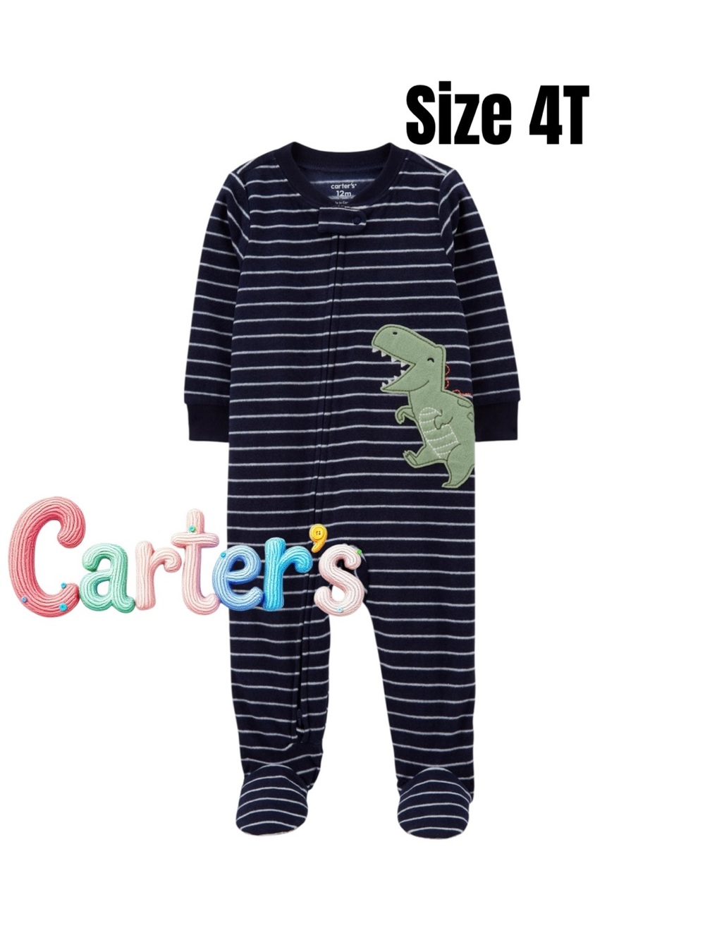 Carter's Navy and White Striped Dino Footed One-Piece